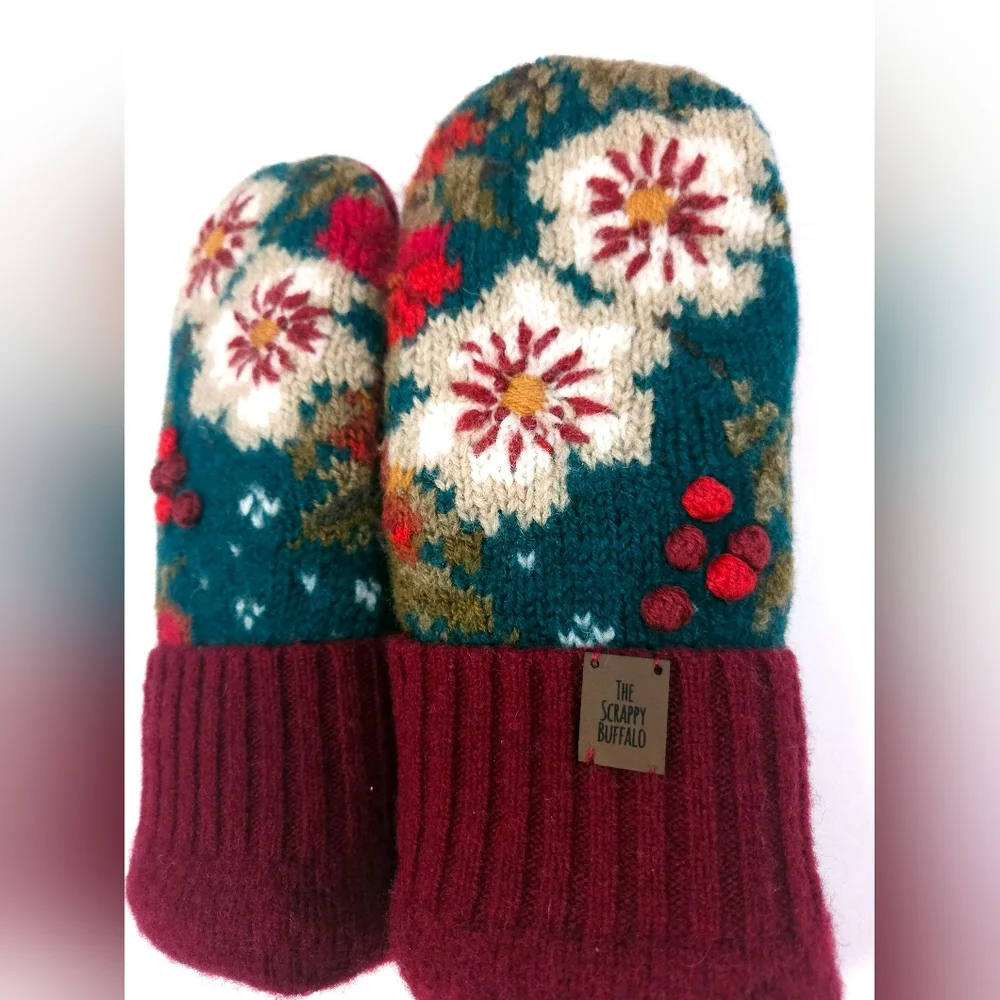 Upcycled Embroidered Teal and Burgundy Sweater Mittens Double Fleece Lined M